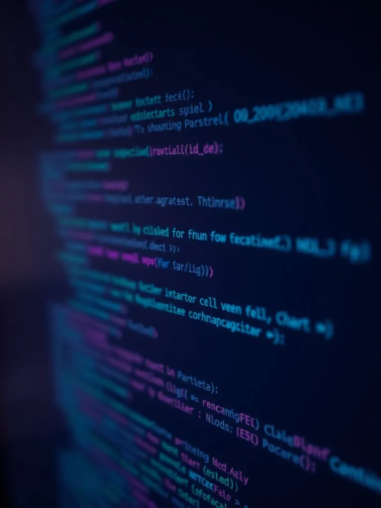Close up of a dark coding interface with violet and cyan syn