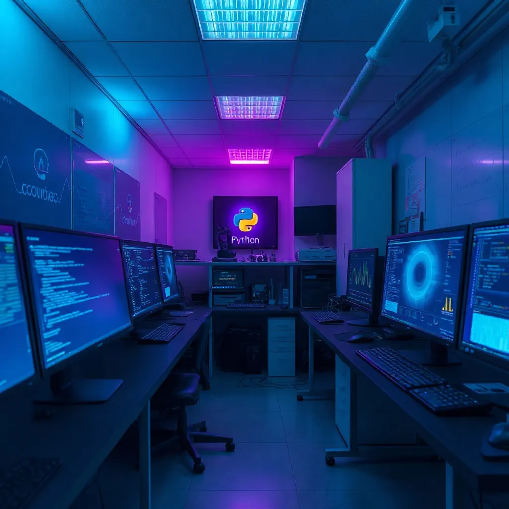 A clean, high-tech laboratory environment with computer scre